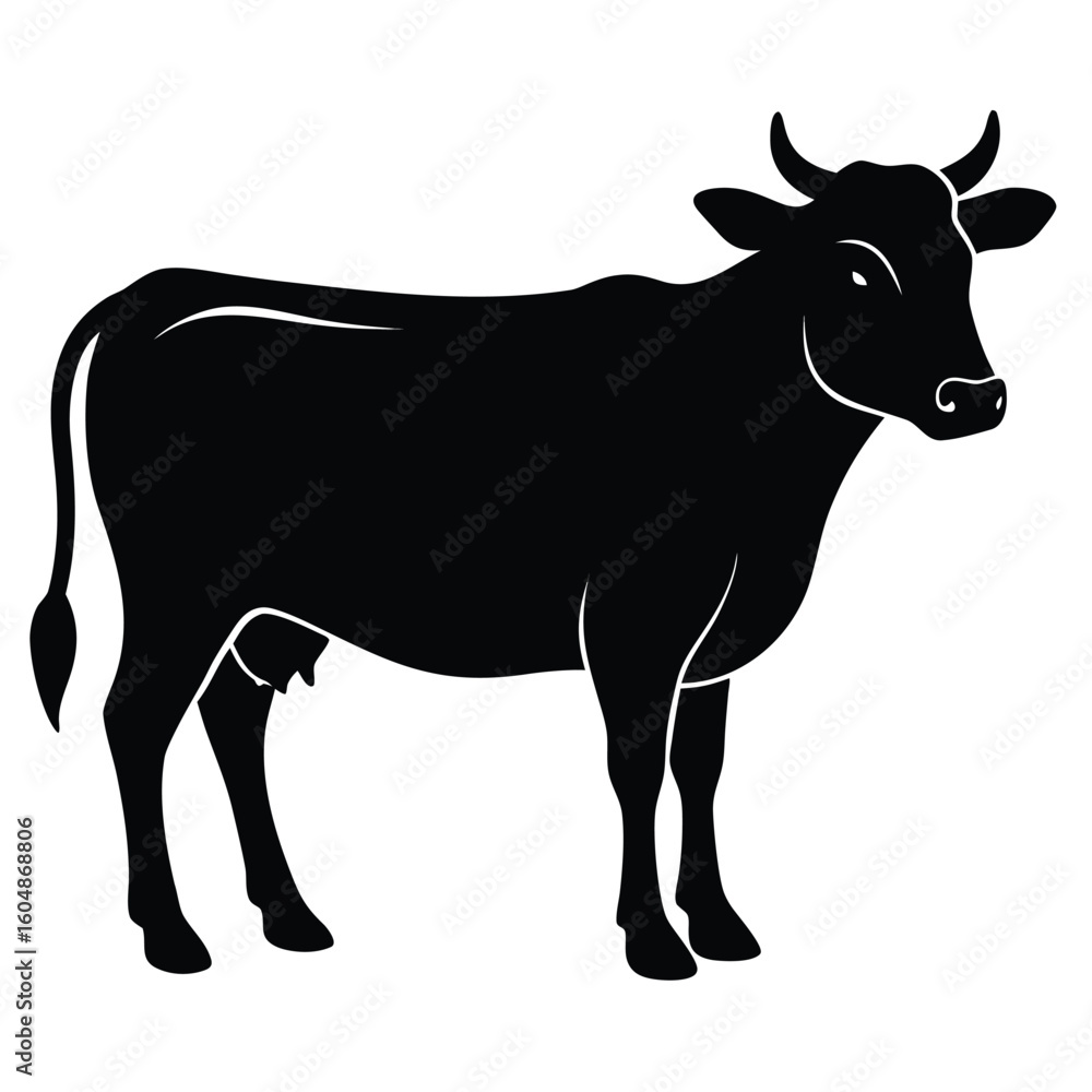 Poster a simple clean black silhouette of a cow facing left isolated on a white background for easy use in 