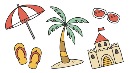Whimsical hand drawn illustration featuring a vibrant beach umbrella a tropical palm tree stylish sunglasses a sandy castle and flip flops perfect for summer fun