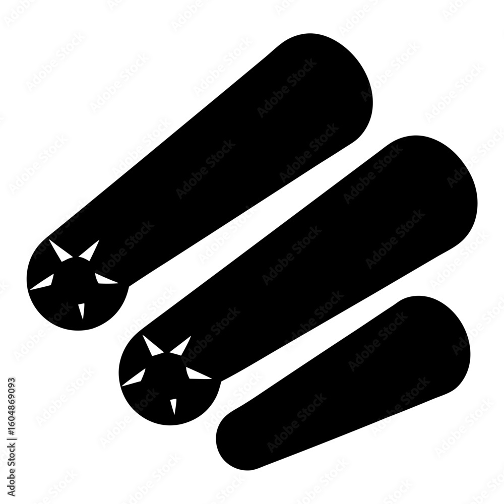 Poster three abstract geometric objects with rounded ends and spiky decorations