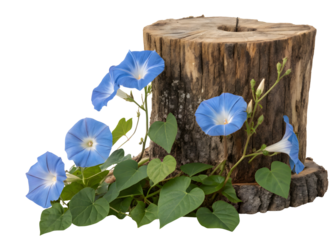 Blue flowers and stump illustration on transparent background