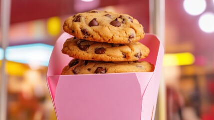 Open pastel pink box, mini chocolate chip cookies, handmade, vanilla flavor, trendy street food dessert, USA, trendy packaging, bite-sized treats, menu, café, banner, shop, ad, crumble, close-up