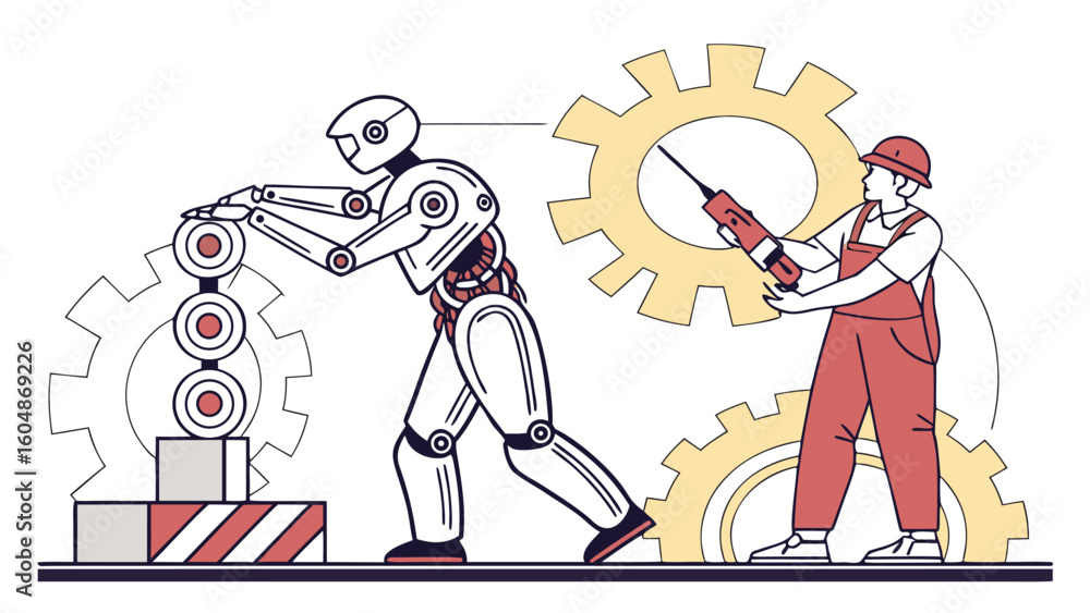 Poster robot assembling gears with human worker drilling, illustrating automation and collaboration in indu