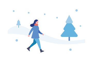 Obraz premium Woman Walking Alone in a Snowy Park Landscape Vector Illustration