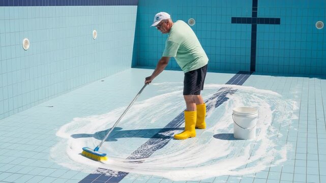 A man in yellow boots and a green shirt scrubs the bottom of an empty swimming pool with a blue and yellow brush and a bucket of soap