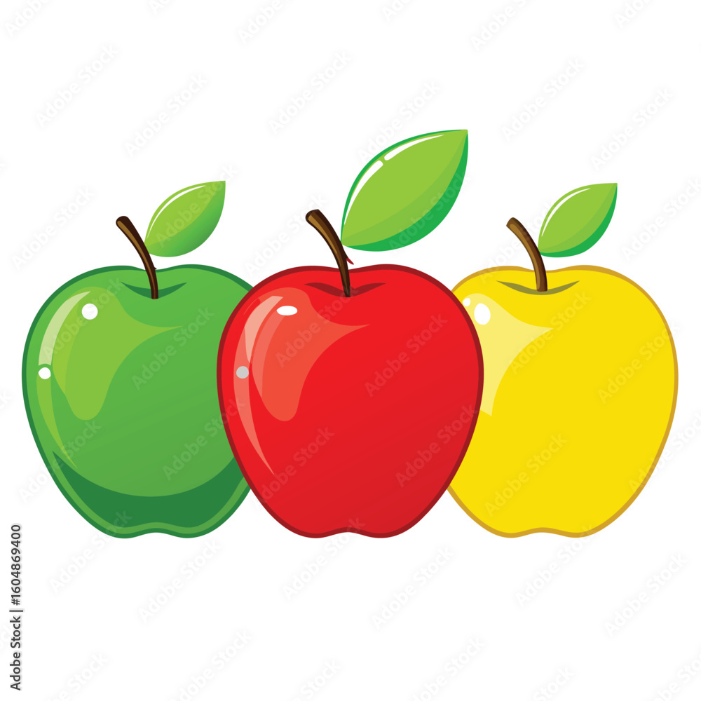 Poster three realistic glossy red green and yellow apples arranged in a row isolated on white background