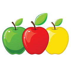 Three realistic glossy red green and yellow apples arranged in a row isolated on white background