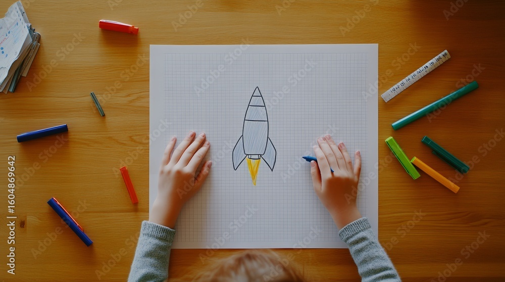 Poster overhead view of student drawing colorful rocket on graph paper with crayons and markers scattered o