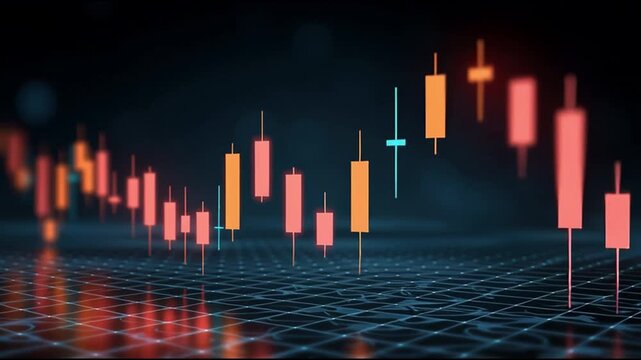 Financial stock market chart with volatile candlestick graph over digital grid. Business and finance concept showing trading data, downward trend, and potential investment risk for analysis