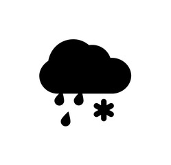 A simple black and white illustration depicting a cloudy sky with rain and snowflakes falling.
