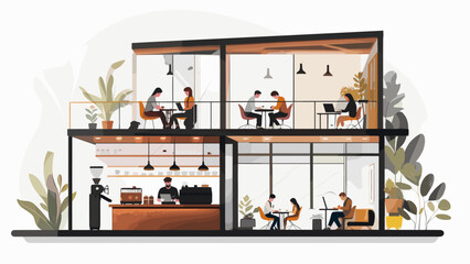 Vibrant coworking cafe buzzes with professionals collaborating and working remotely, fostering innovation and community connection.