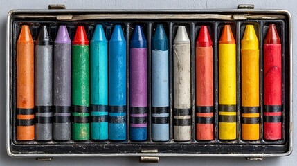 Colorful crayons in a metal box.