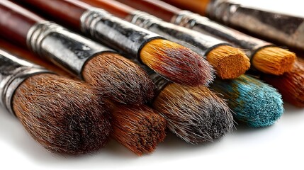 Close-up view of various paintbrushes with visible paint residue.