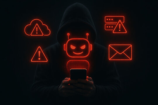 Cyber hacker with malicious chatbot using ai and virus warning icons to represent digital fraud scams phishing and cybersecurity risks via smartphone - Powered by Adobe