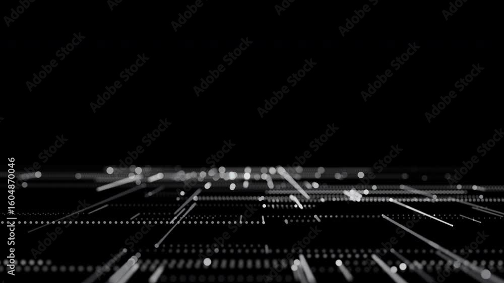 Poster futuristic abstract digital background with glowing white dots and lines on black, representing data