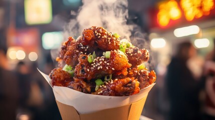 Close-up, crispy sticky Korean BBQ wings, stacked paper container, steaming hot, sesame scallion garnish, street food counter, food market backdrop, chicken wings, trendy Asian snack.