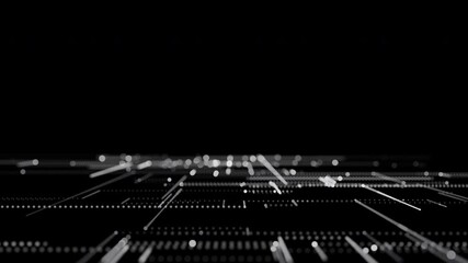 Futuristic abstract digital background with glowing white dots and lines on black, representing data transmission, AI, and modern technology. - Powered by Adobe