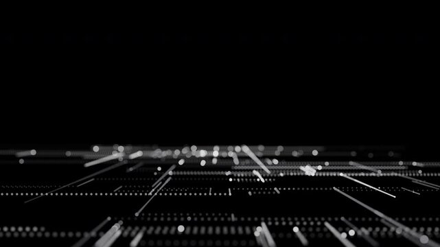Futuristic abstract digital background with glowing white dots and lines on black, representing data transmission, AI, and modern technology.