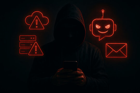 Dark hooded hacker holding phone with evil ai chatbot and warning alert signs showing digital danger threat cybercrime identity theft concept