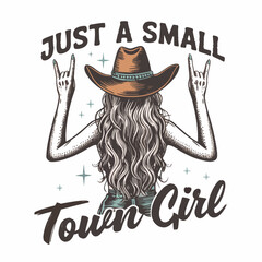 Retro Western Illustration of a Small Town Girl in a Cowboy Hat with Rock Hand Signs and Wavy Hair – Country-Inspired Graphic Design