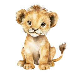 Naklejka premium Cute lion cub depicted in adorable artwork with warm colors and gentle expression, perfect for a nursery or children's room decor