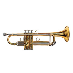 Obraz premium A gleaming brass trumpet with three piston valves and a flared bell isolated on transparent background