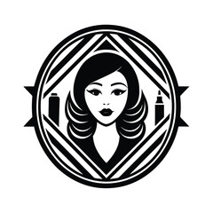 Minimalist logo a woman with beauty products in a circular frame shop