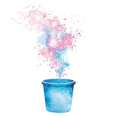 Watercolor style image of a colorful, swirling, magical effect emanating from a blue container
