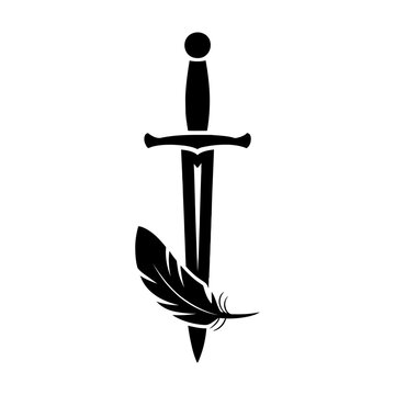Dagger and feather pen icon for 'mightier than sword' concept.