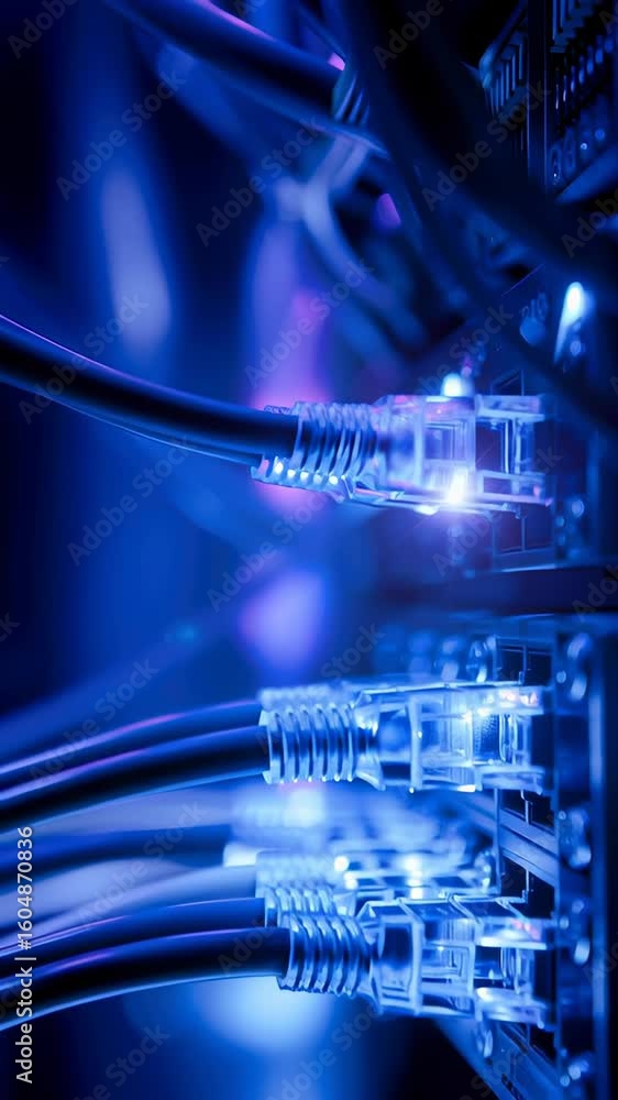 Poster a network switch with glowing blue data cables in an internet server room