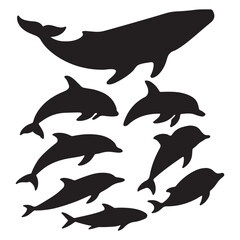 Fototapeta premium Whale and Dolphin Silhouette Icon Minimal Ocean Animal Vector