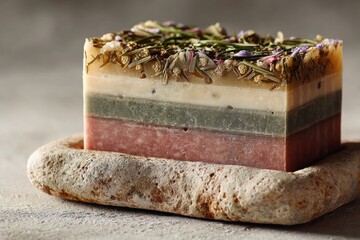 Multi-layered soap bar, natural colors, herbal accents