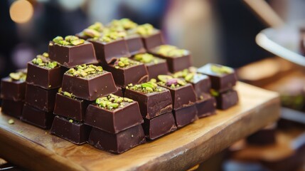 Artisanal Dubai chocolates, elegant pistachio crumb topping, velvety ganache, rich dark, wooden market stall display, trendy dessert, pistachio paste filling, kadayif, kadaif luxury sweets, viral.