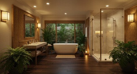Contemporary bathroom with tropical indoor garden views and warm lighting creating a serene retreat