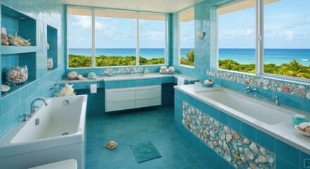 Seaside serenity: an oceanfront bathroom retreat bathed in calming turquoise tones