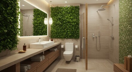 Luxurious bathroom with vertical garden elements offering a spa-like refreshing experience