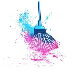 A vibrant broom with pink and blue paint splatter