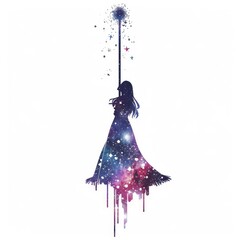 A mystical girl with a dandelion wand, galaxy dress