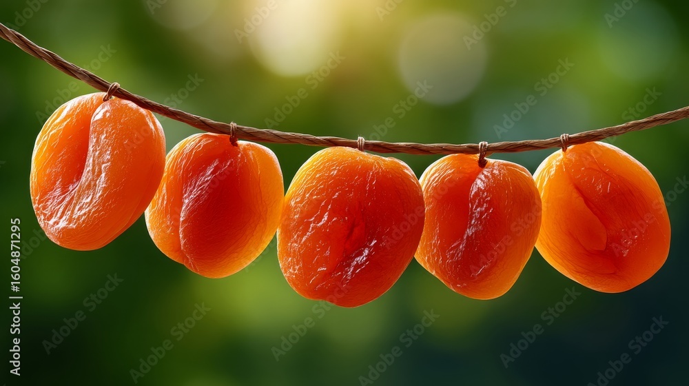 Poster dried apricot slices hanging on a string against a softly blurred green background