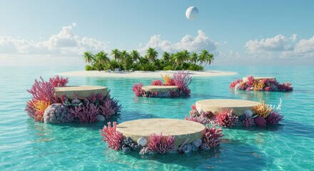 Tropical paradise showcase with coral platforms in tranquil azure ocean waterscape