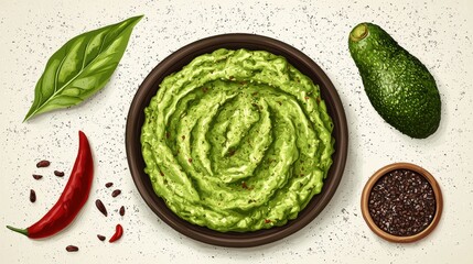 Obraz premium A bowl of creamy guacamole surrounded by an avocado, chili pepper, basil leaf, and a bowl of black sesame seeds on a speckled background.