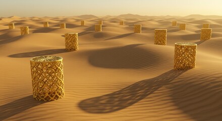 Golden cylinders dotting a desert landscape, artistic conceptual scenery and sun-drenched sand