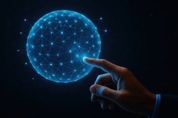 Human hand touching a glowing blue digital sphere representing global network and connectivity