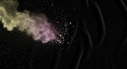 Ethereal dust cloud with golden and purple hues on velvet black background effect