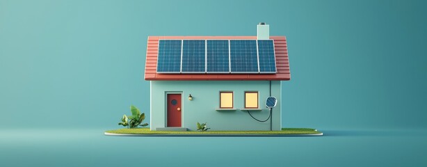 Fototapeta premium Sustainable home with solar panel roof in a simple 3D flat style