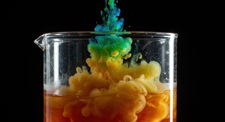 Colorful dye dispersion in beaker creates an abstract underwater scene against black backdrop