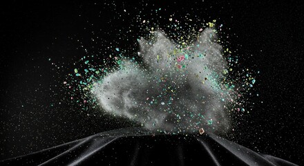 Dynamic explosion of vibrant colors suspended in air against a stark black backdrop