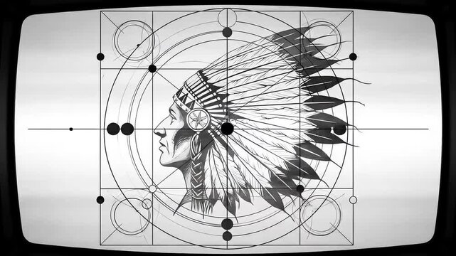 Native American Profile with Headdress on Retro Television Screen.