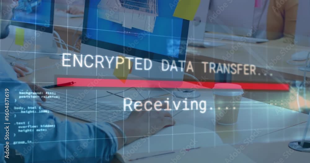 Poster designer initiating encrypted data transfer overlay, typing and revealing rotating 3d house model