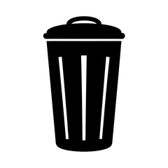 Simple black and white illustration of a trash can with a lid