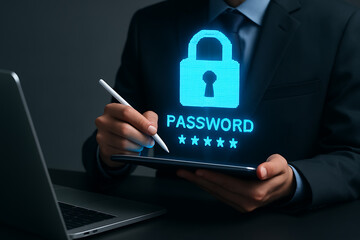 Businessman using stylus on digital tablet with glowing password lock icon for data protection and cybersecurity access control in modern secure technology system